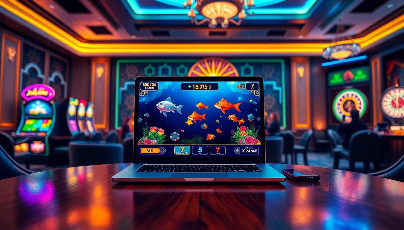 Bắn cá đổi thưởng gameplay interface displayed in a luxurious casino setting with poker chips and a roulette wheel.