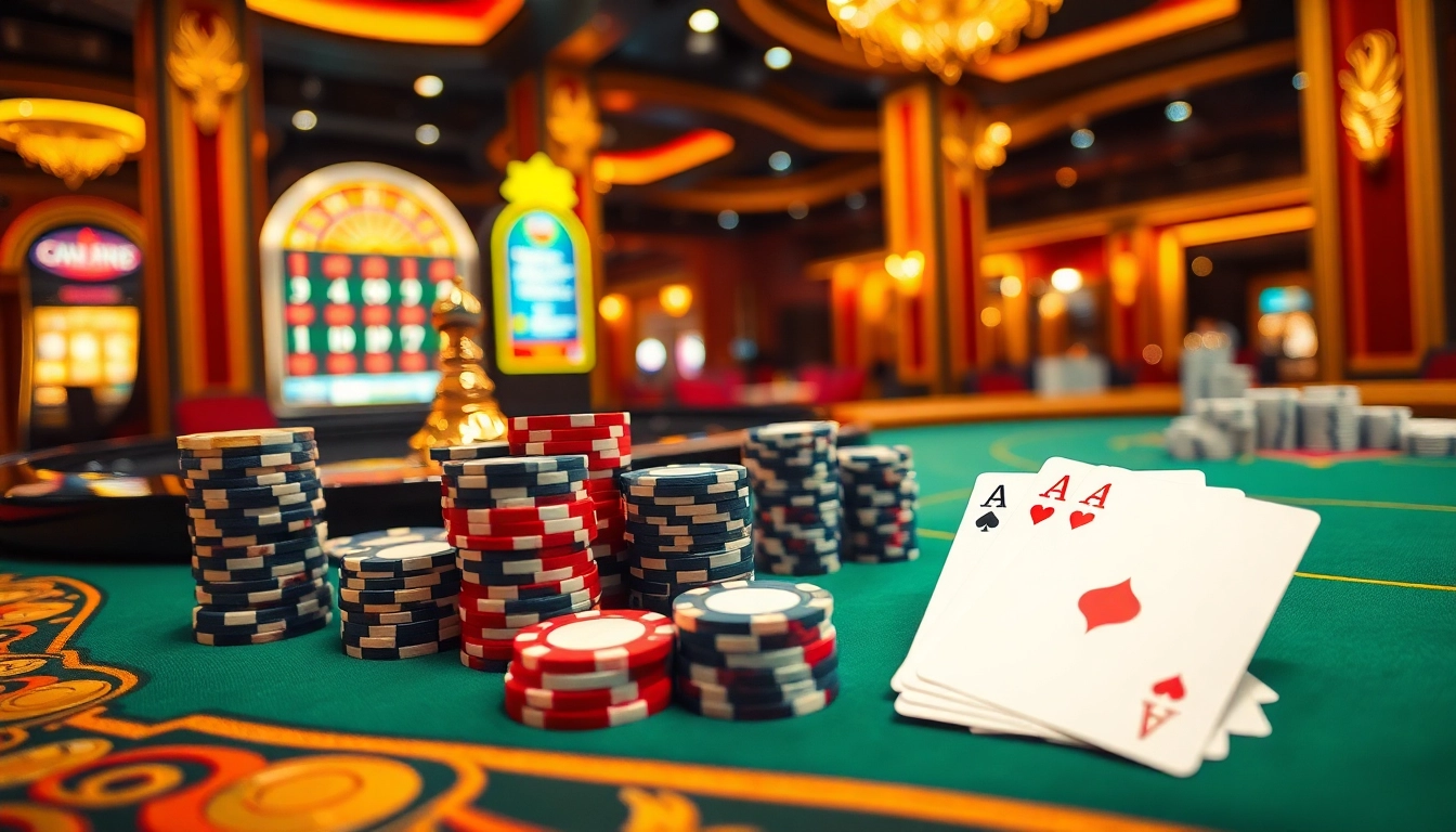 Experience the excitement of casino gaming at gamebaidoithuong.trading, featuring a roulette table and poker chips.