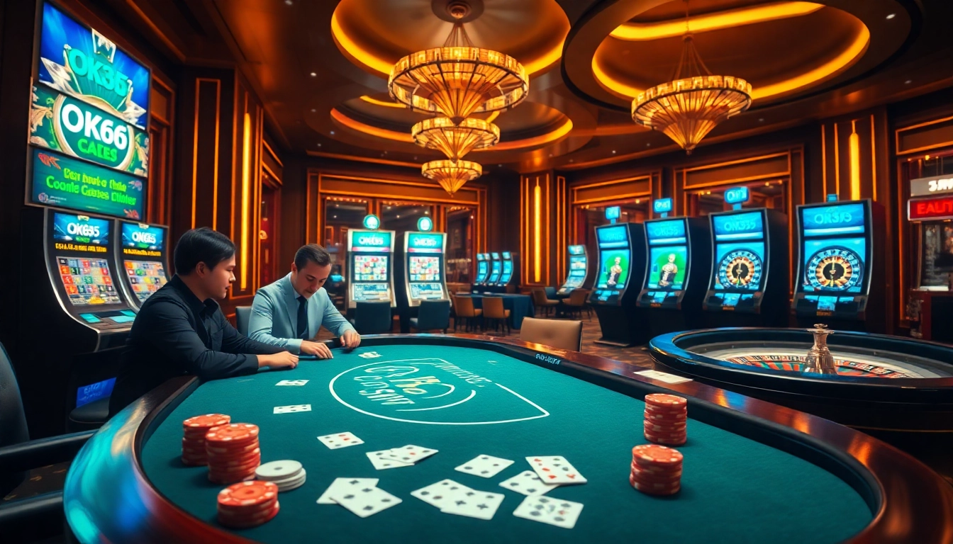 Players strategizing at the OK365 poker table in a luxurious casino setting.
