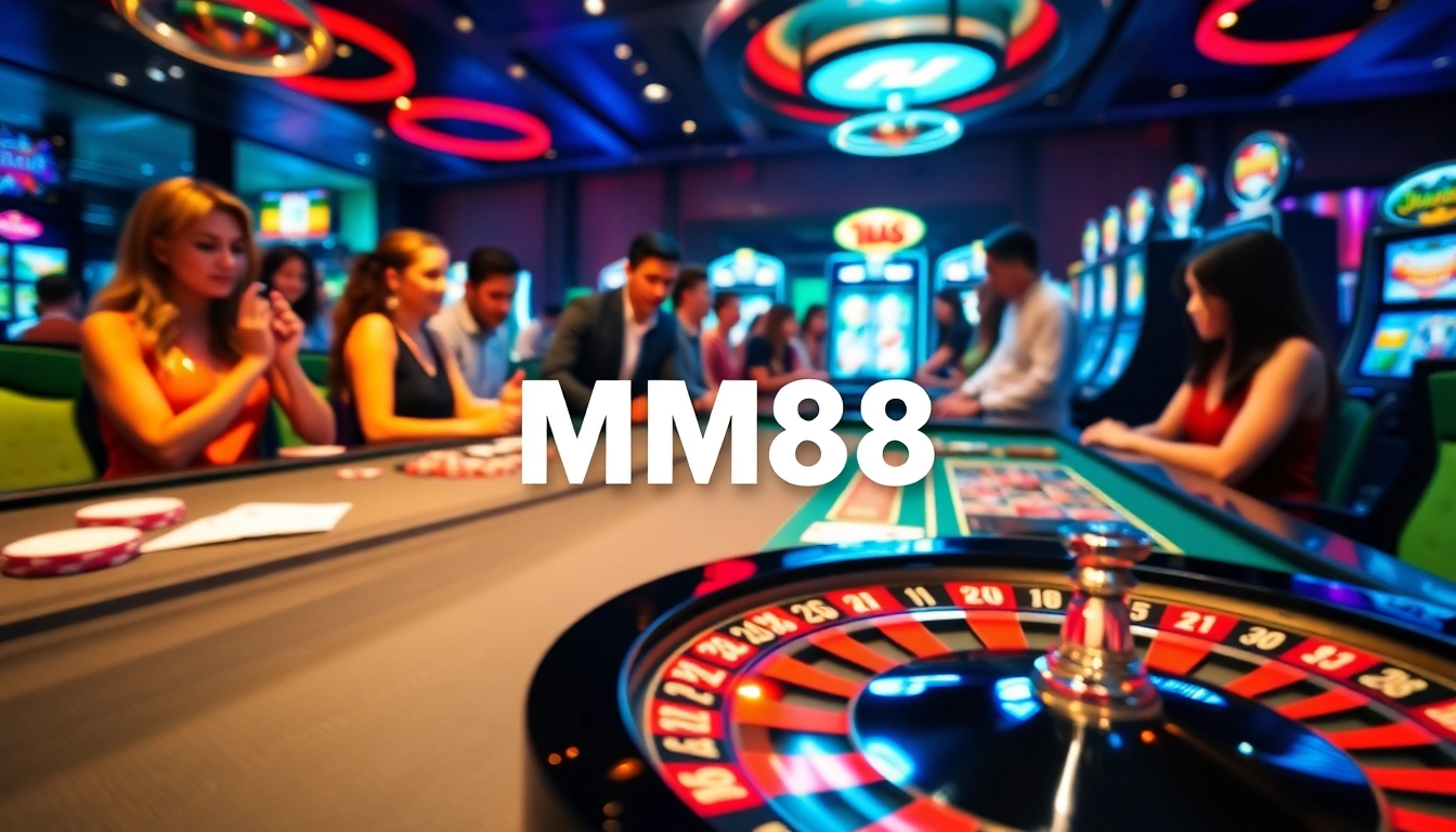 Experience the thrill at MM88 casino with vibrant gaming tables, poker chips, and a roulette wheel.