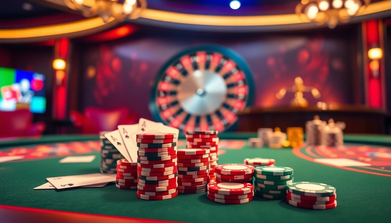 An exciting online gambling scene at DF999.com featuring a poker table with vibrant chips and cards, embodying thrill.