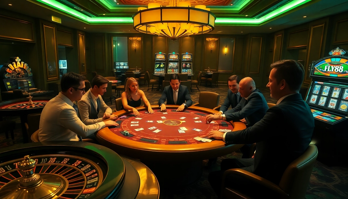 Engaging in a thrilling poker game at FLY88 casino with vibrant chips and cards.