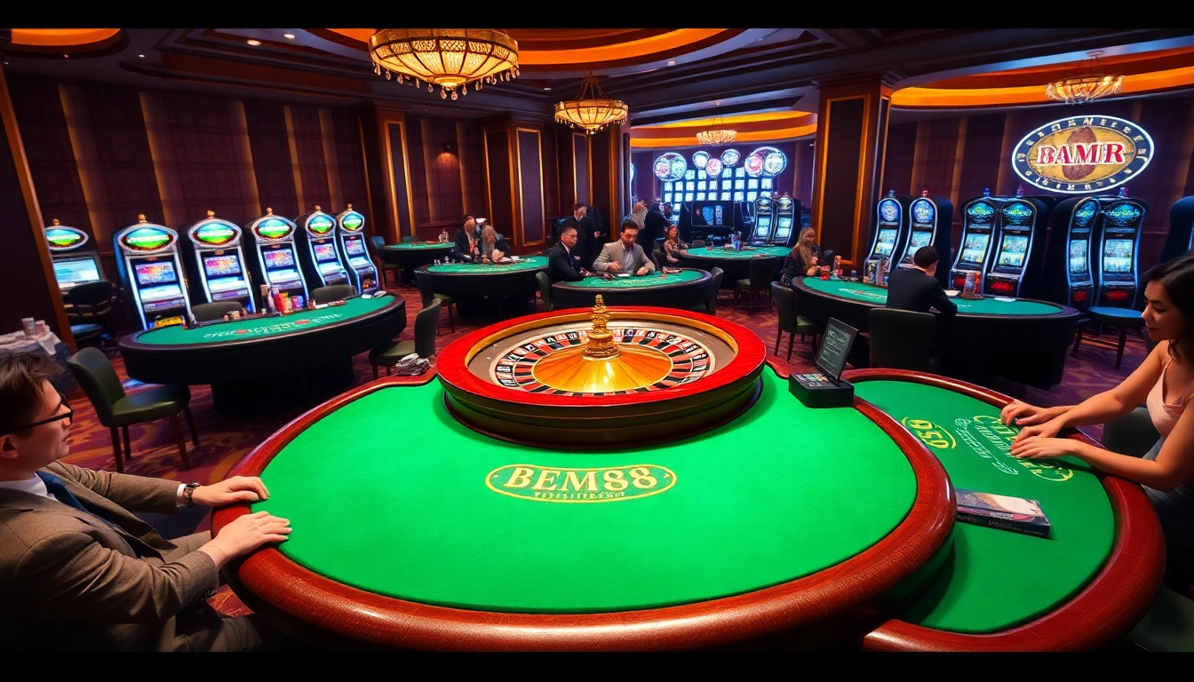 Players engaging in high-stakes games at bem88 Casino, showcasing an elegant roulette wheel and vibrant poker tables.