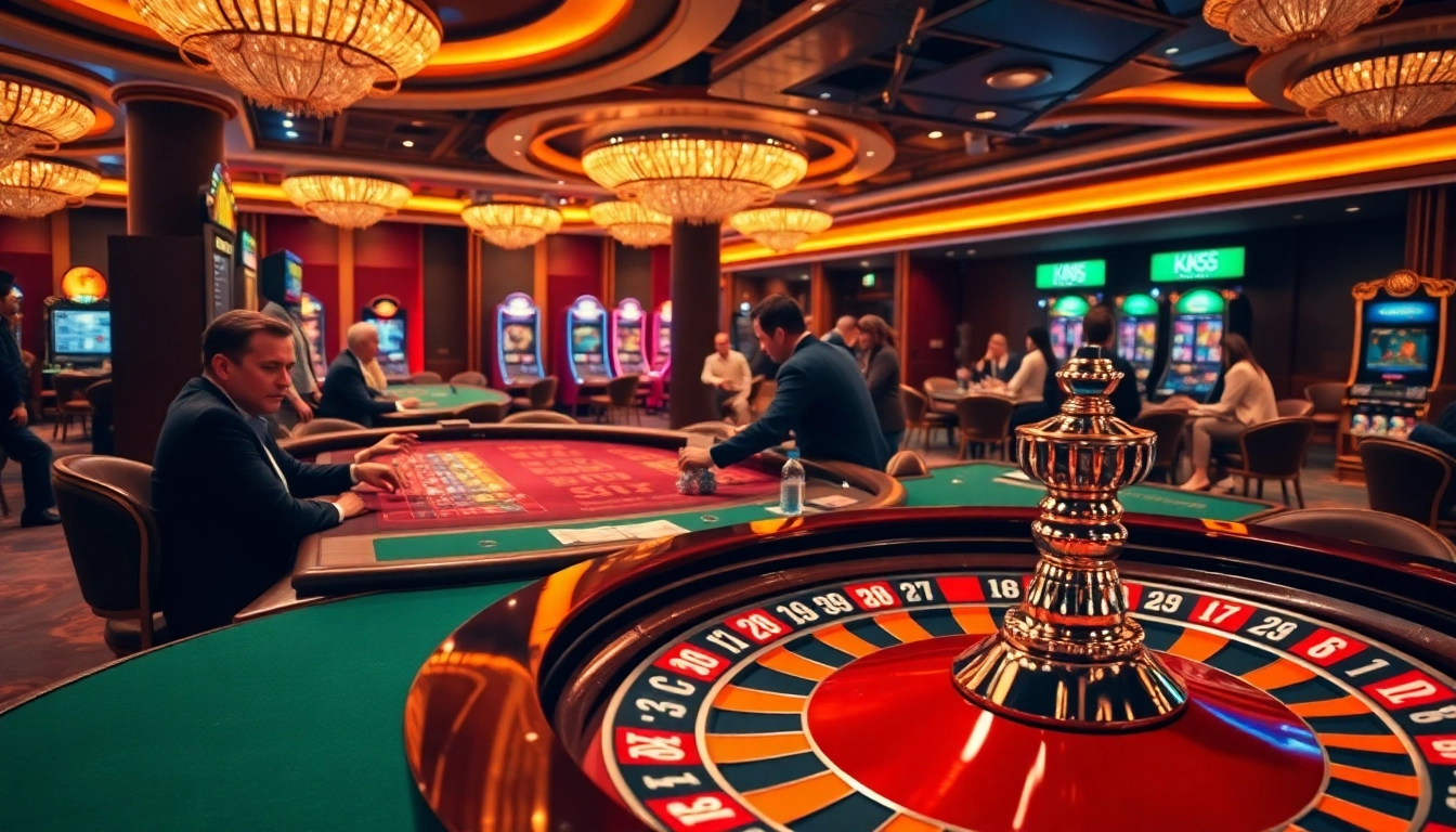 Exciting KK55 casino scene featuring roulette, poker, and vibrant slot machines.