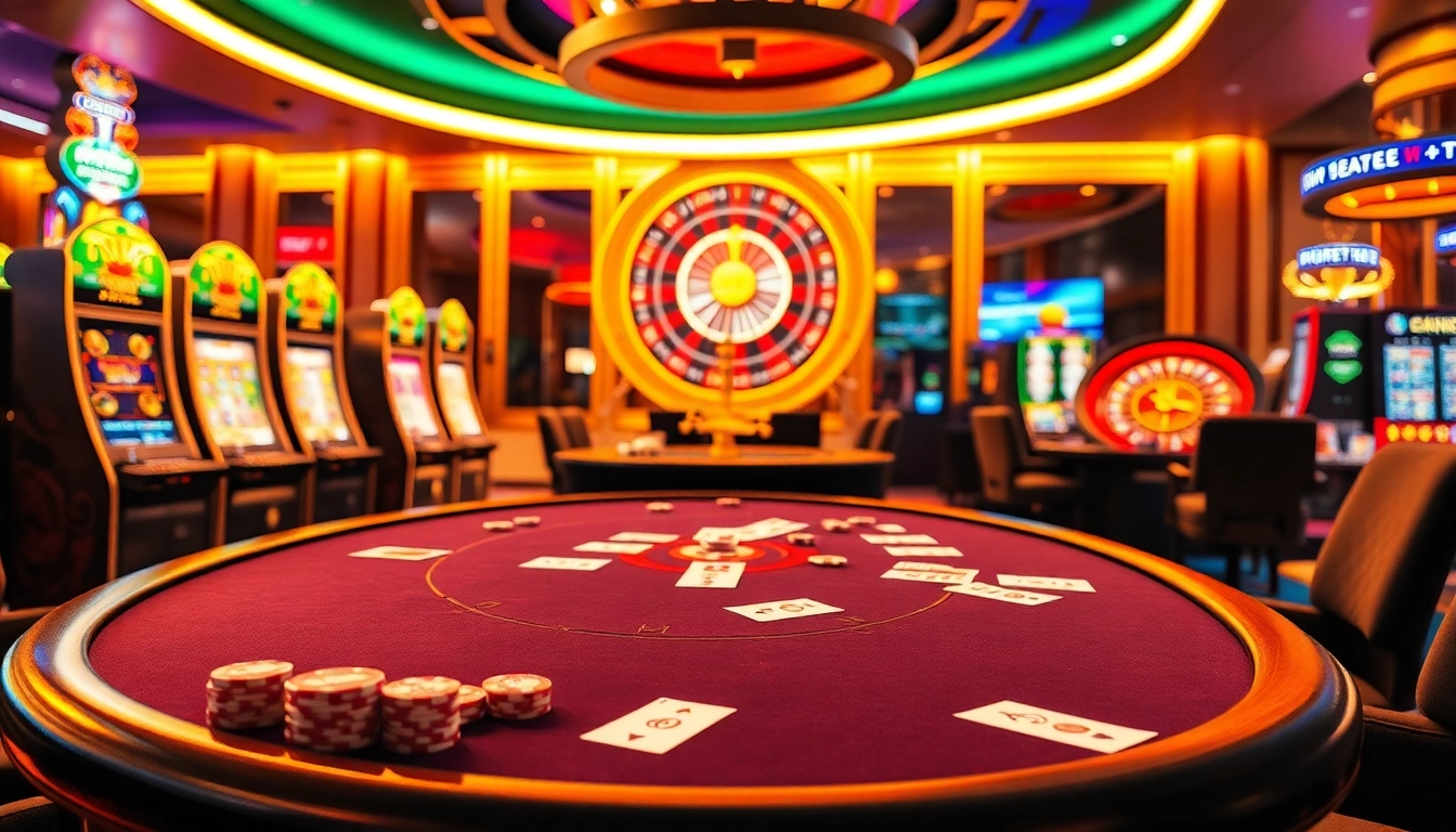 Exciting gambling action represented at https://1mm888.com/ with vibrant poker table and slot machines.