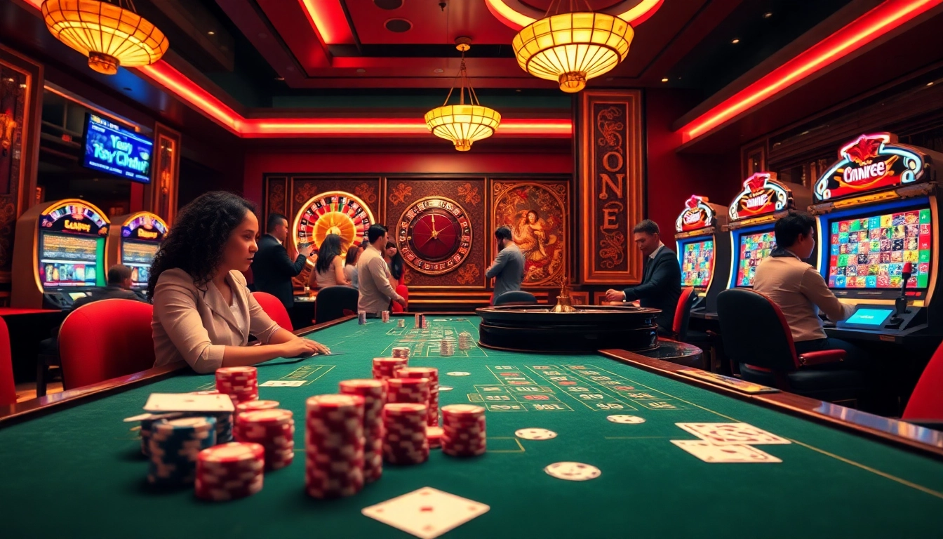Gamblers having fun at a vibrant casino scene showcasing trang chu luckywin.