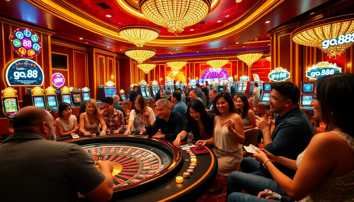 Gamblers celebrating a win at a luxurious casino featuring go 88 themed games.