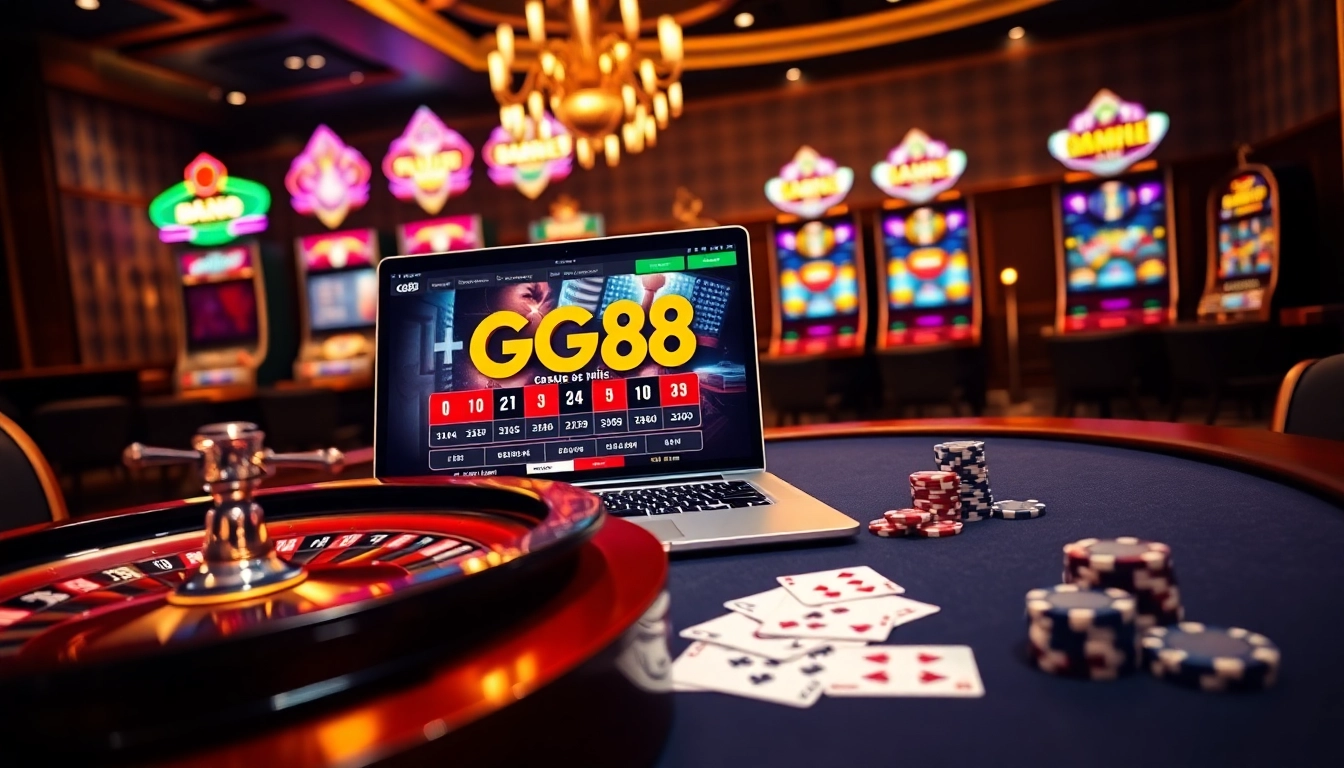 Engaging GG88 online gambling experience with casino elements and vibrant gaming atmosphere.
