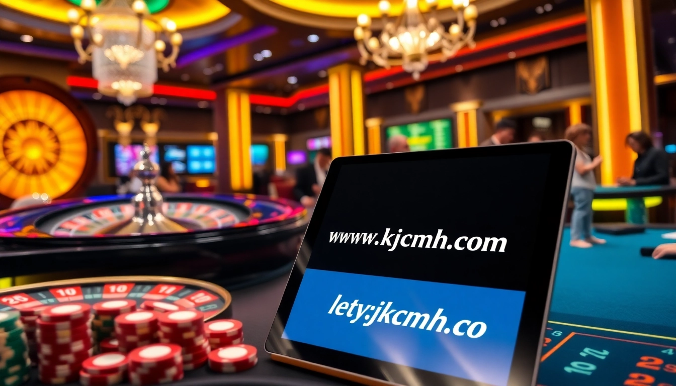 Experience thrilling gameplay at https://kjcmh.com/ with a vibrant casino scene featuring roulette and poker.