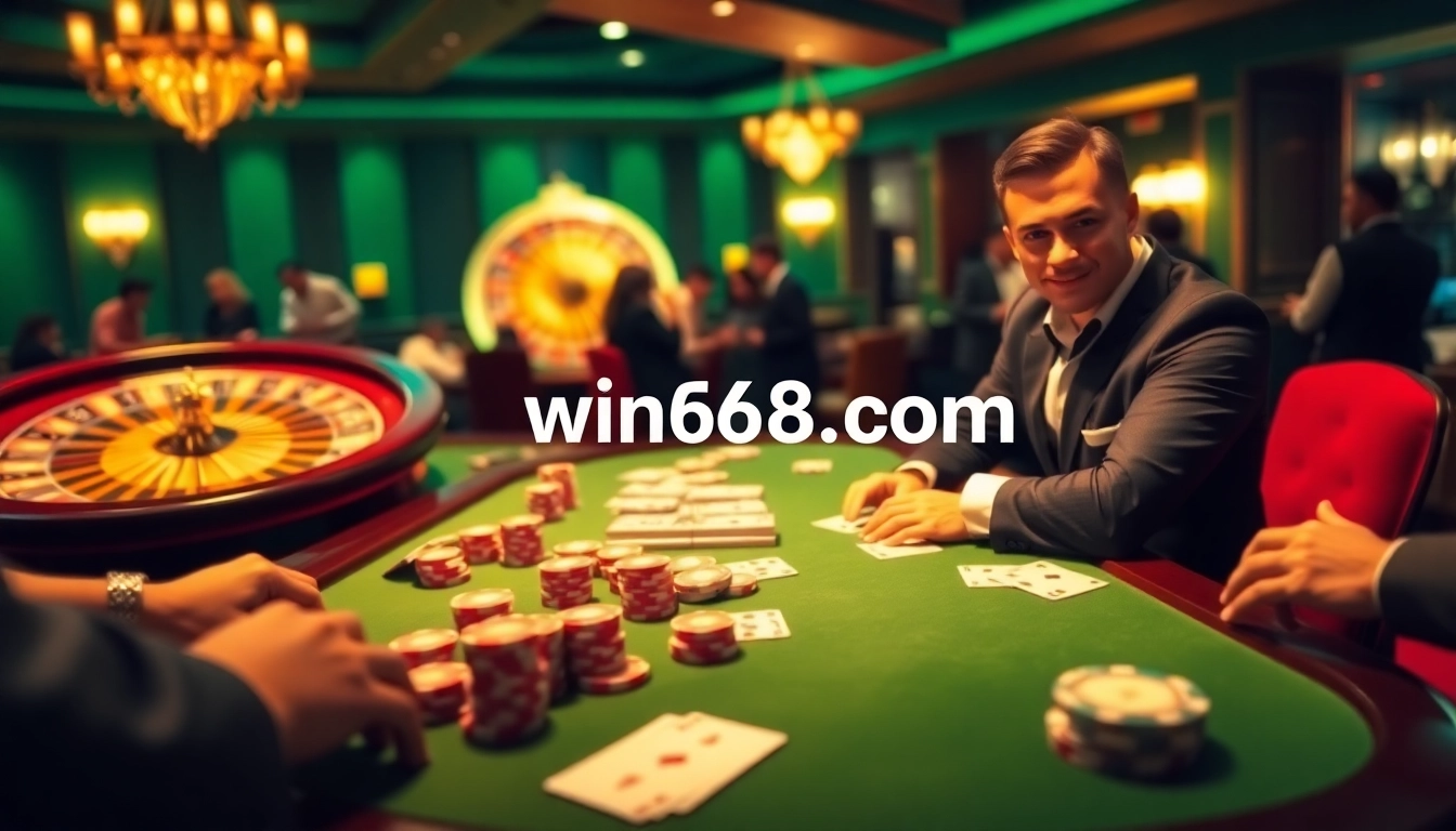 Exciting gaming scene with a player winning at win678 com casino table with poker chips and cards.