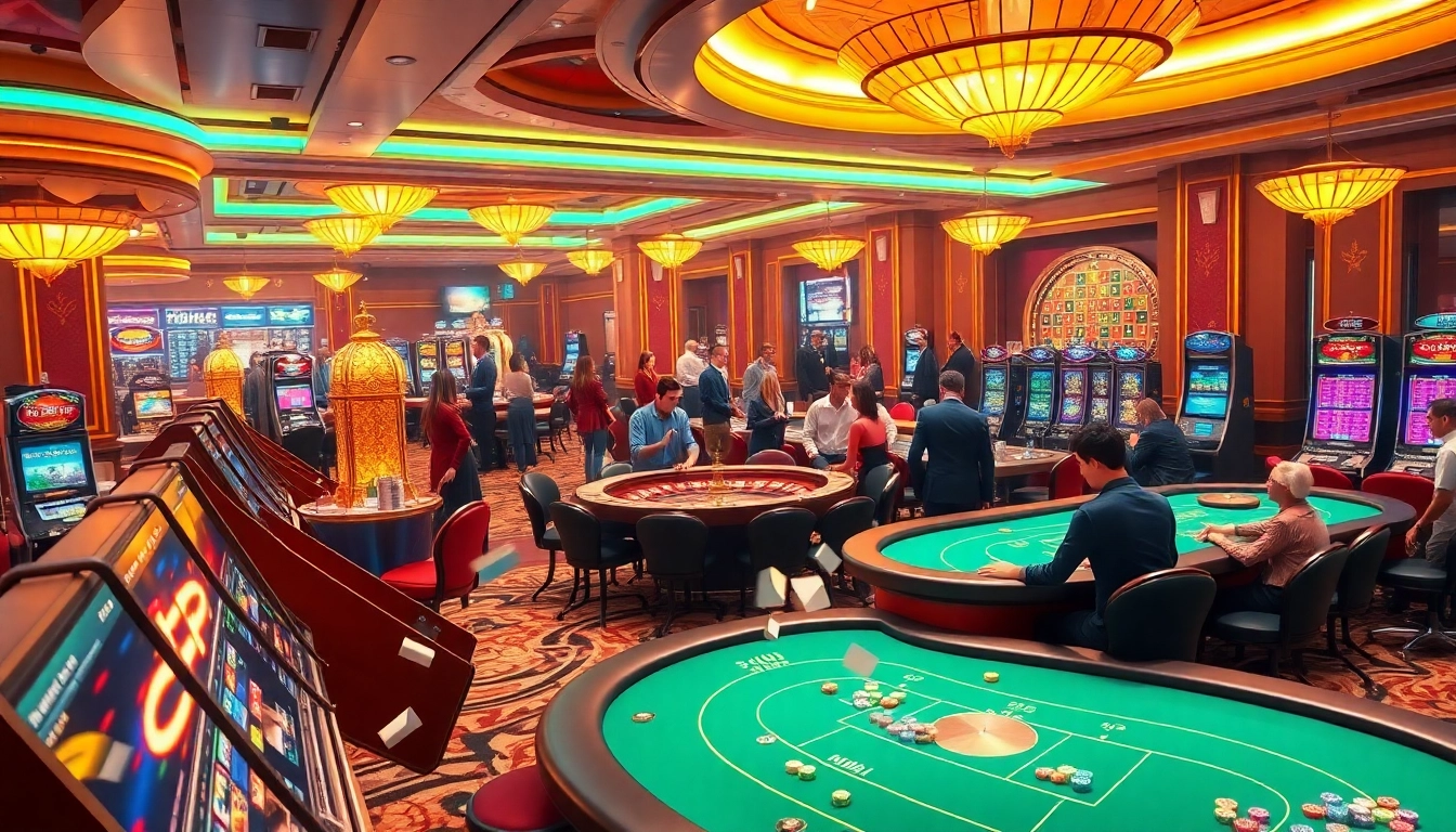 Experience the excitement of trang chủ nk88 with players enjoying casino tables and slot machines.