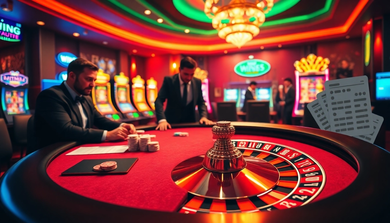 Players experiencing high-stakes poker at win55-themed casino tables with vibrant slot machines.