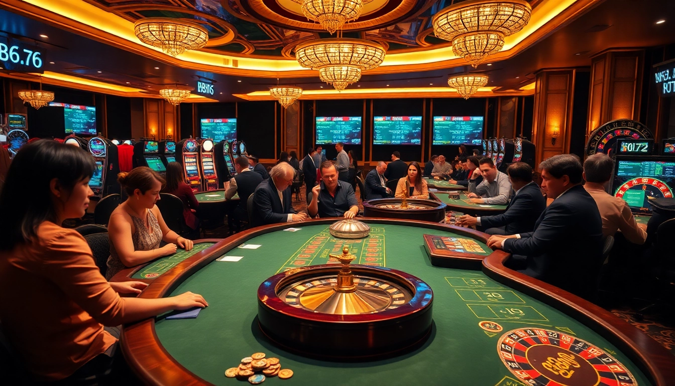 Players enjoying thrilling games at mb66.nyc casino, showcasing poker tables and slot machines.