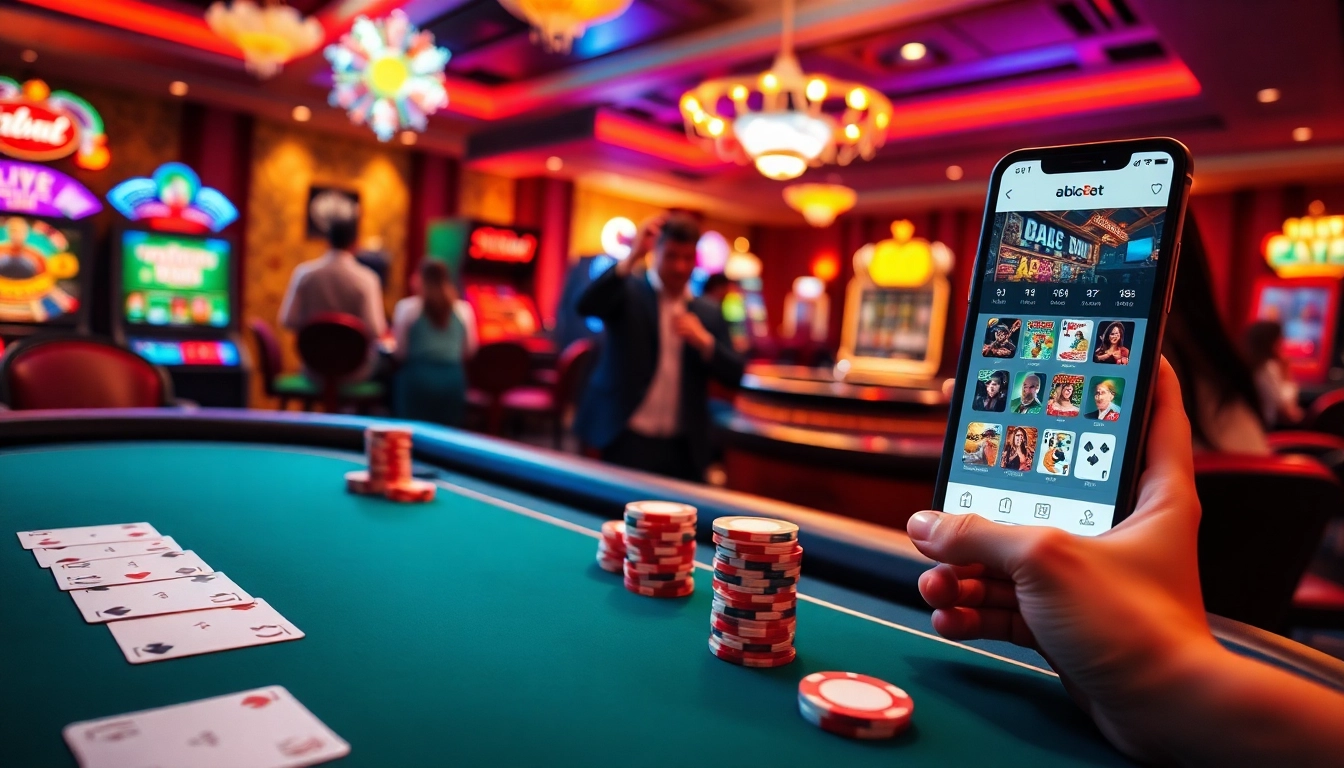 Experience thrilling gameplay at https://abc8t.app/ with an exciting casino scene featuring poker tables and slot machines.