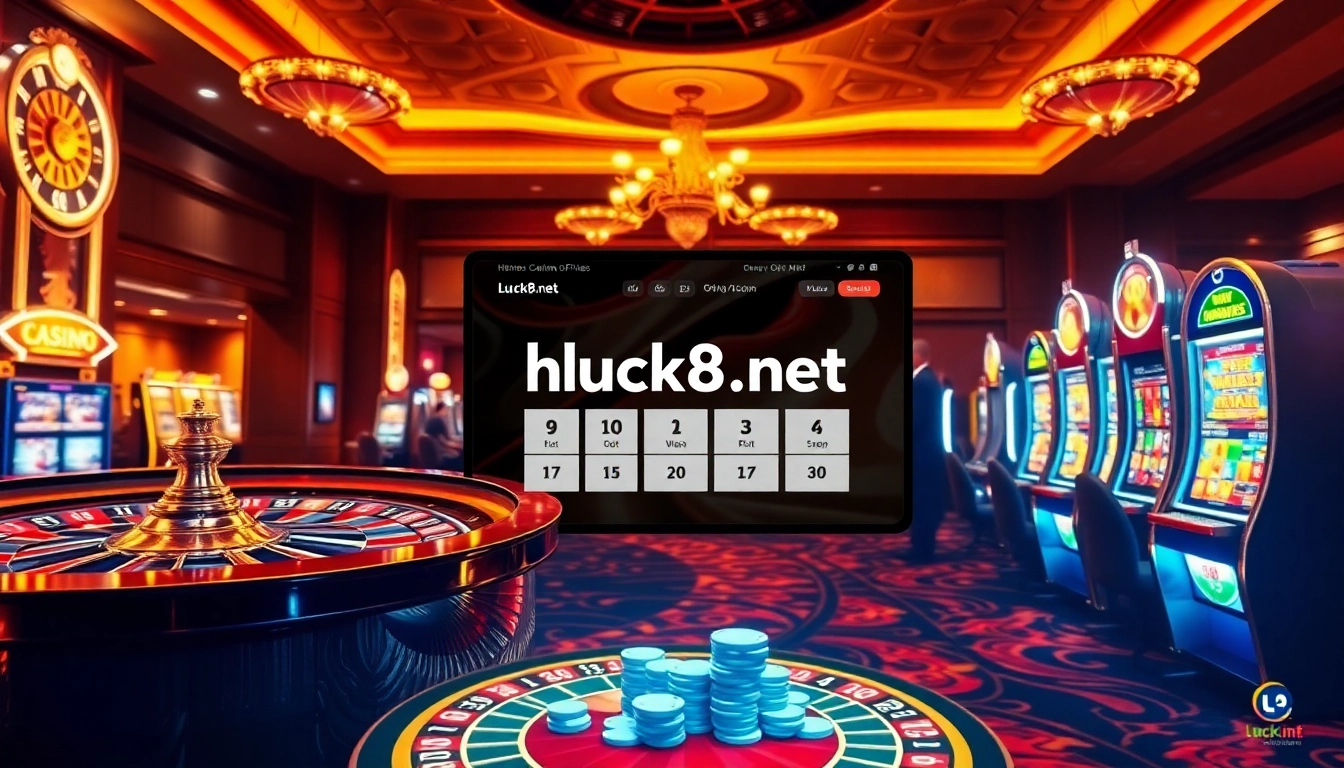 Trải nghiệm sự hứng khởi của cờ bạc tại https://luck8.net với cảnh casino rực rỡ có bánh xe roulette và các đồng chip poker.