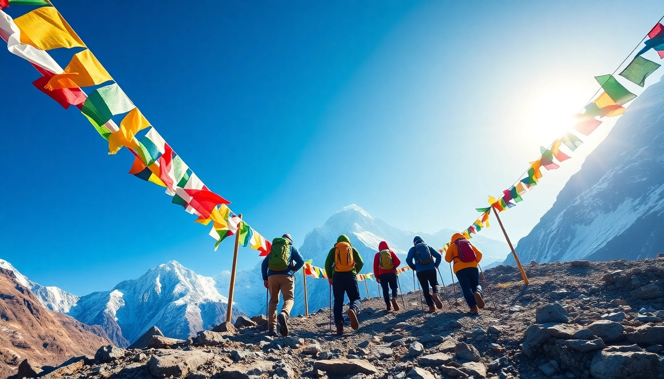 Trekkers on the mount Everest base camp trek with colorful flags and majestic peaks.