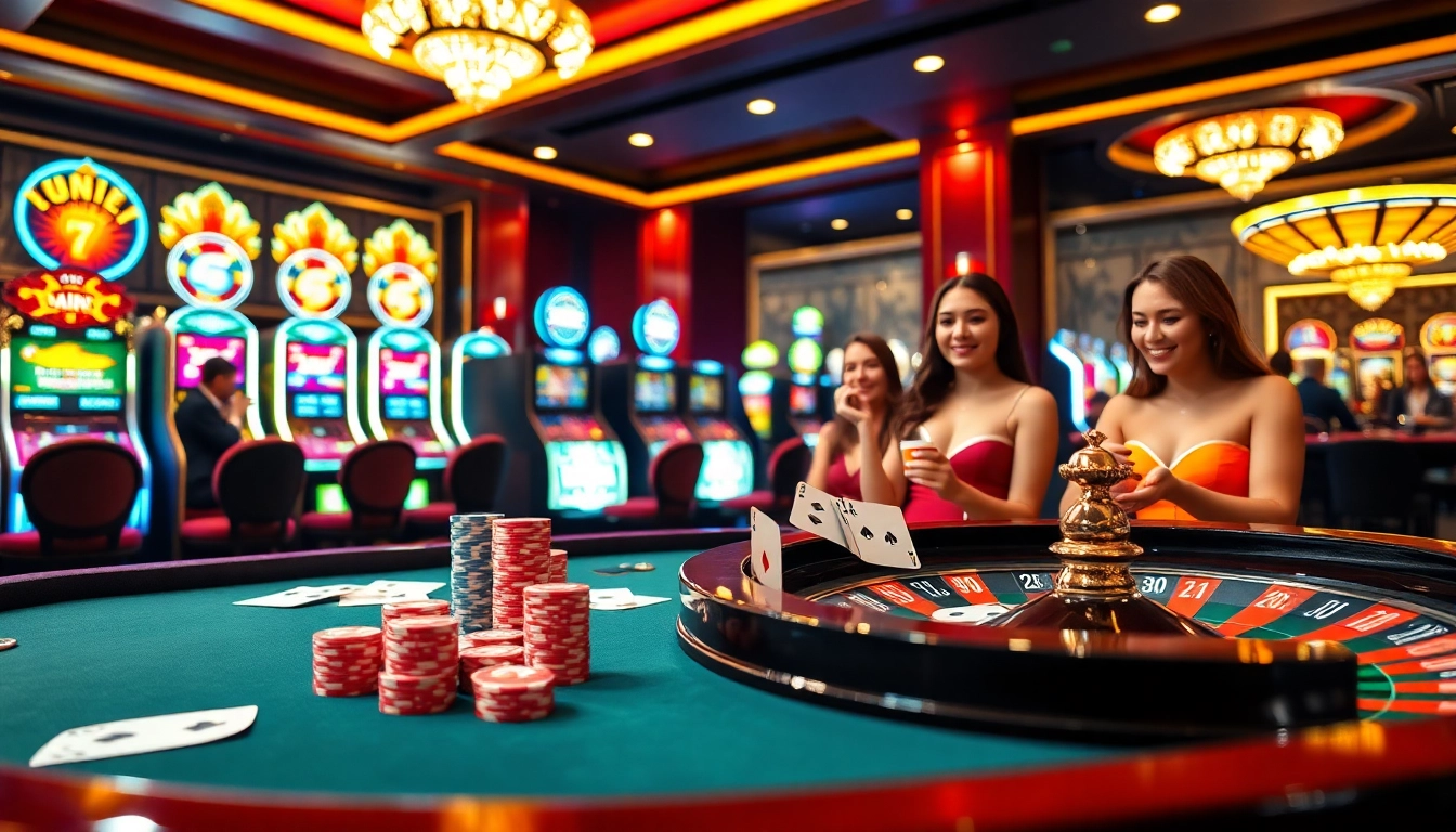 Players enjoying the thrill of gambling at nhà cái dn88, featuring poker chips and roulette table.