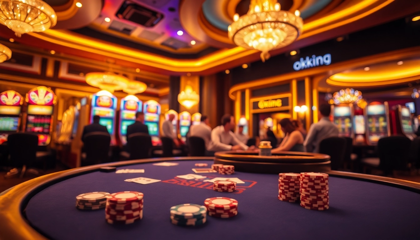 Experience high-stakes action at the okking poker table in a vibrant casino setting.