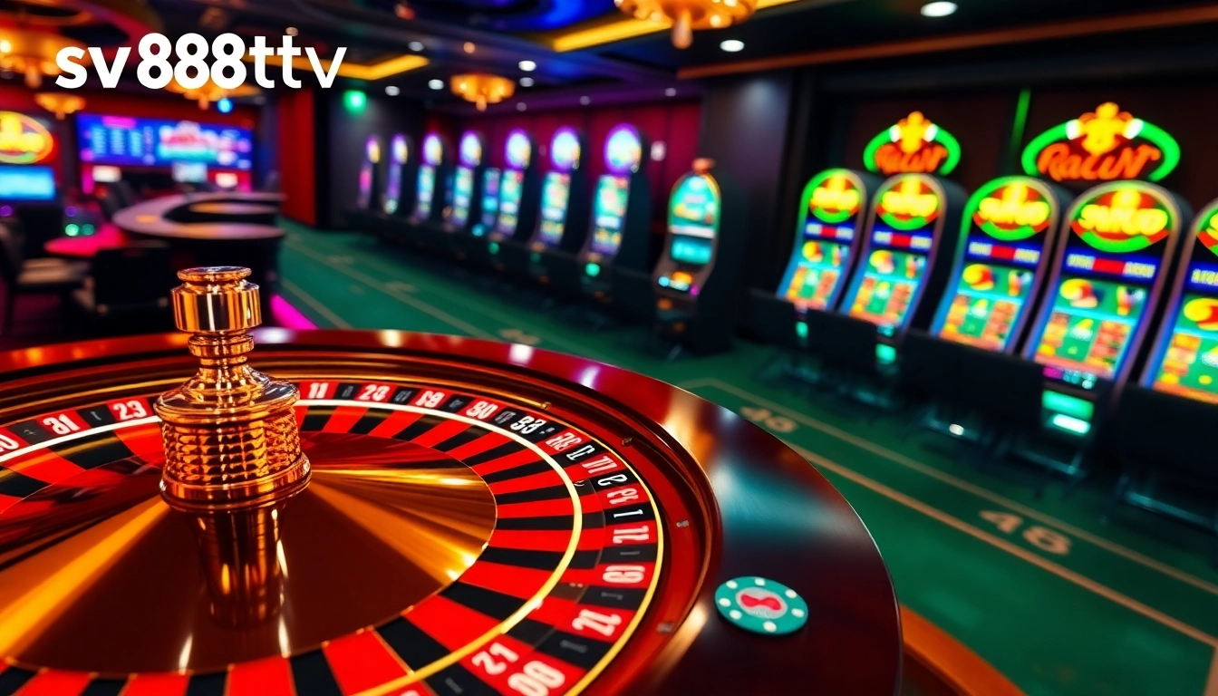 Join the action with sv88tv's online gambling experience featuring vibrant slot machines and poker chips.