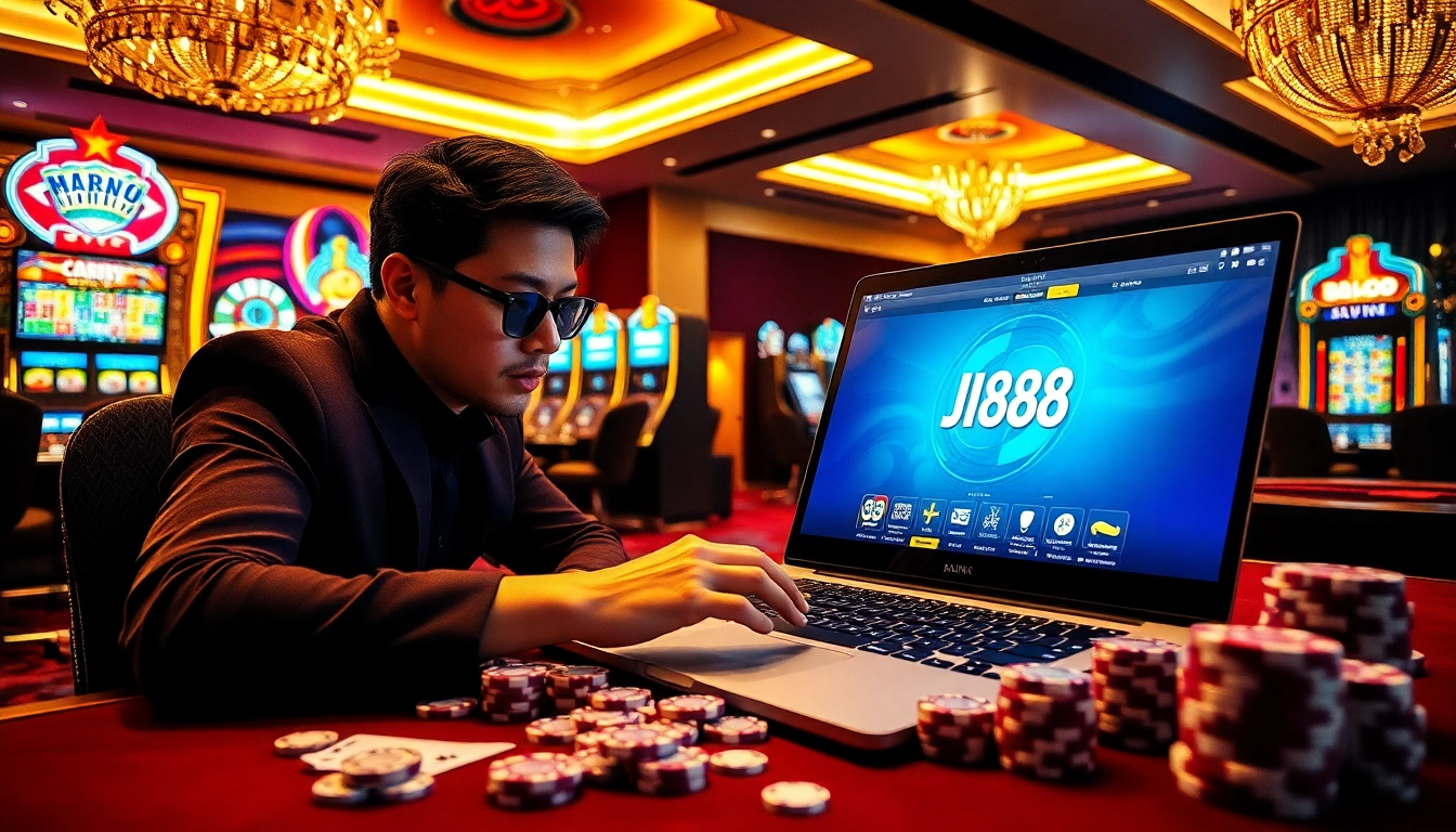 Engaging gambler enjoying the BJ88 online casino experience with chips and a laptop.