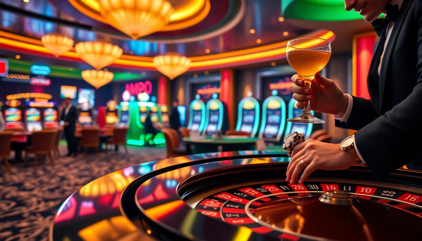 MM99 casino scene with elegant players engaging in betting activities at roulette and slots.